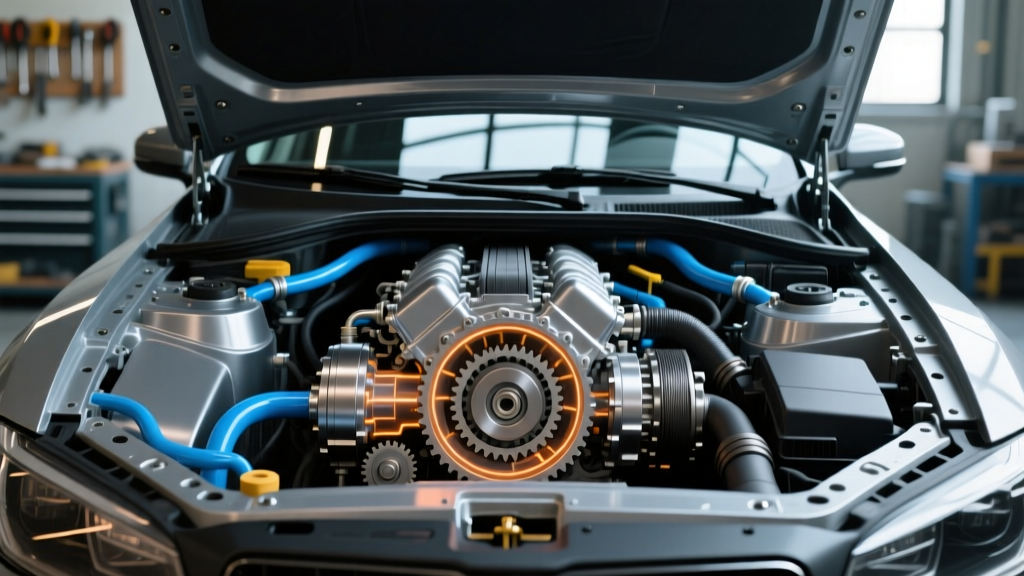 Technical diagram illustrating the transverse engine and integrated transaxle layout inside a front-wheel drive engine compartment