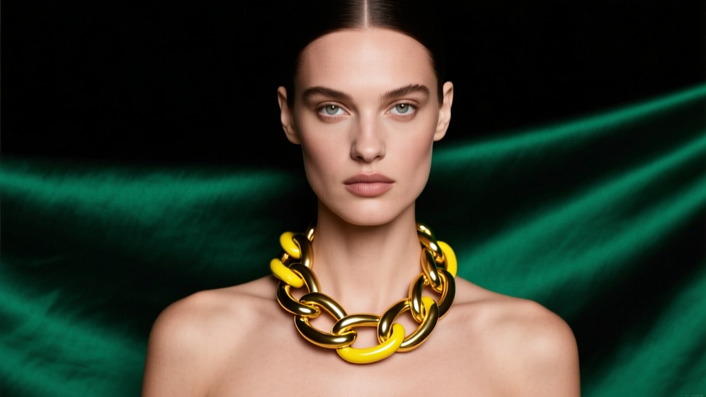 Model wearing a chunky polished yellow brass chain necklace against dark emerald silk, studio lighting, high fashion editorial