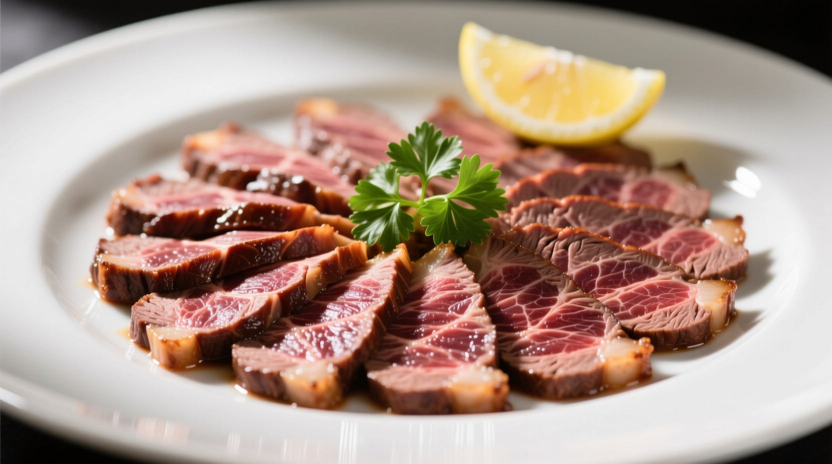 Sliced cooked beef tongue with garnish on white plate