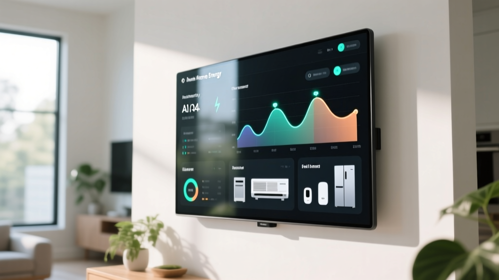 Digital dashboard display of an AI-powered home energy monitor showing real-time electricity usage and appliance breakdown