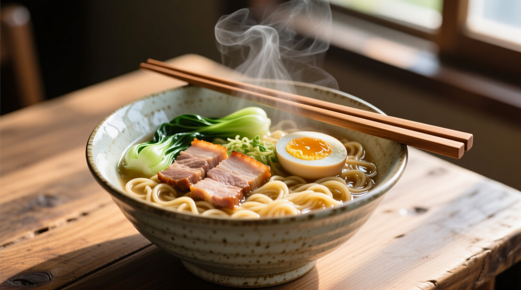 Perfect microwave ramen in ceramic bowl with chopsticks