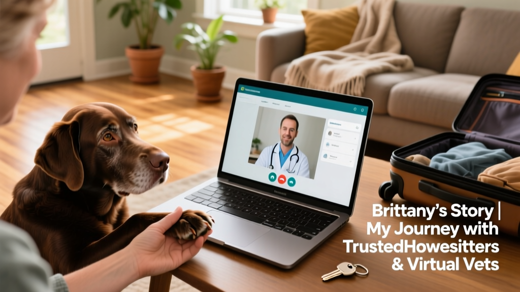 A gentle hand holding a senior chocolate lab’s paw during a video call with a veterinarian on a laptop screen