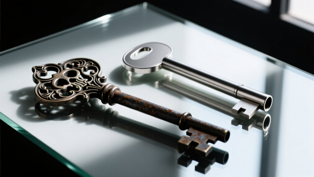 Heavy gothic skeleton key and a sleek modern titanium tubular key resting on a mirrored surface with moody, dramatic lighting