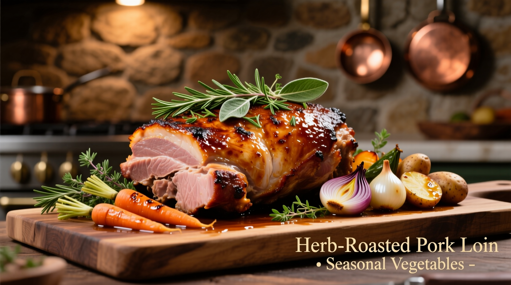 Perfectly roasted pork loin with herbs and vegetables
