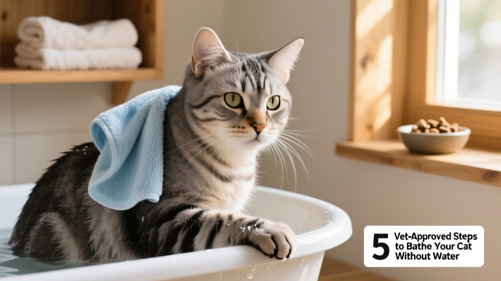 Close-up of a calm cat being gently wiped with a soft, damp microfiber cloth