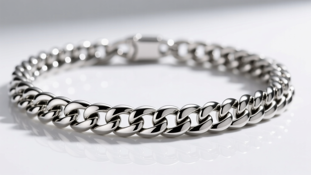 Polished 316L stainless steel Cuban link necklace under bright light, showing its heavy, mirror-like reflective finish.
