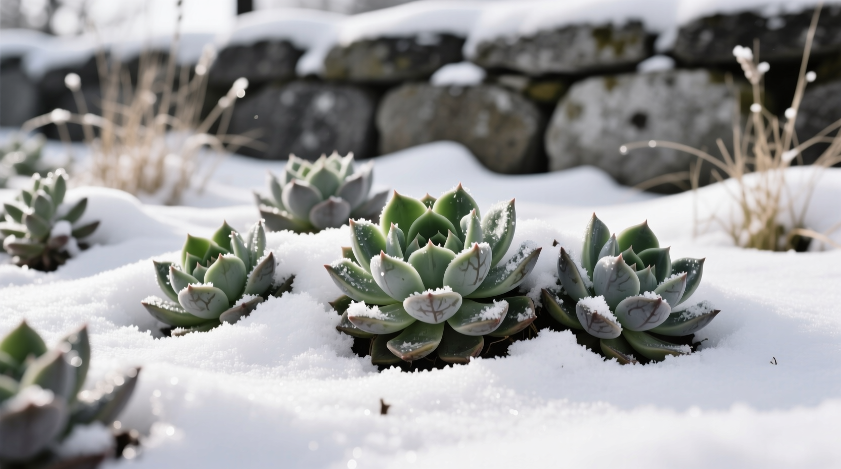 Late November hardy succulent garden showing Sedum surviving snow cover where tropical varieties would die - proving species-specific winter tolerance matters more than blanket winter care