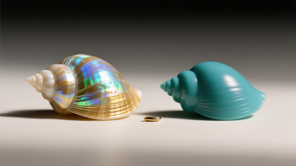 Macro photography comparing a genuine 2mm Kahelelani shell next to a dyed plastic imitation, highlighting natural nacre luster.