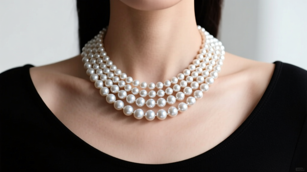 Close-up of a layered pearl matinee necklace resting perfectly on the collarbone of a model wearing a deep black scoop-neck top