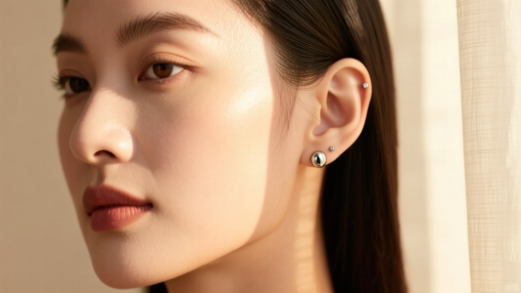 Woman wearing 18-gauge 316L steel stud earrings showing a comfortable fit on sensitive earlobes without redness in soft light