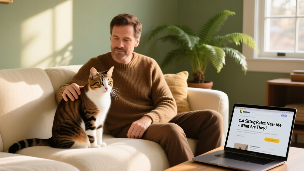 A brown and white cat sitting calmly beside a man on a cozy sofa