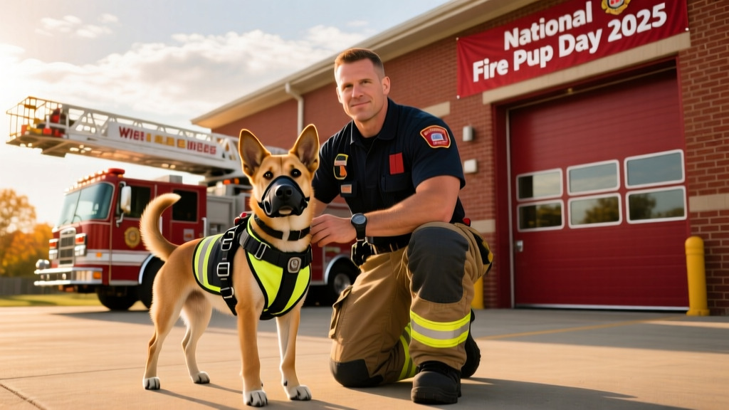 A working fire pup in full gear beside a firefighter, standing confidently in front of a fire station