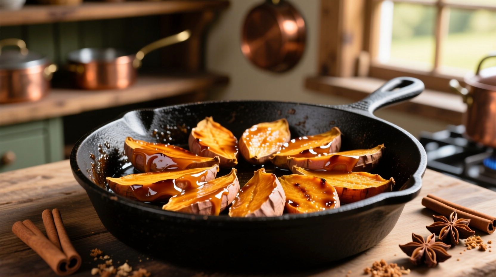 Golden caramelized sweet potato slices in cast iron skillet