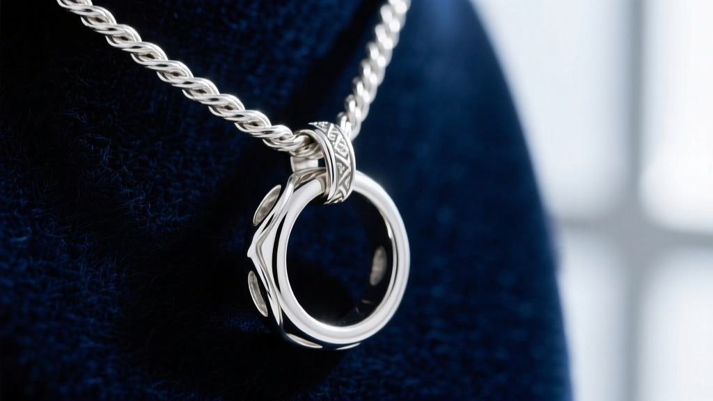 Macro shot of a soldered 16-gauge silver jump ring connecting a heavy ring pendant to a thick sterling silver rope chain on velvet
