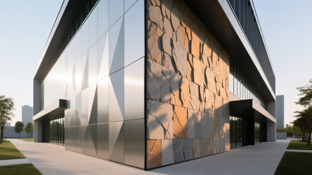 Split facade showing ultra-thin sintered stone panels and textured polyurethane stone veneer on a modern commercial building exterior