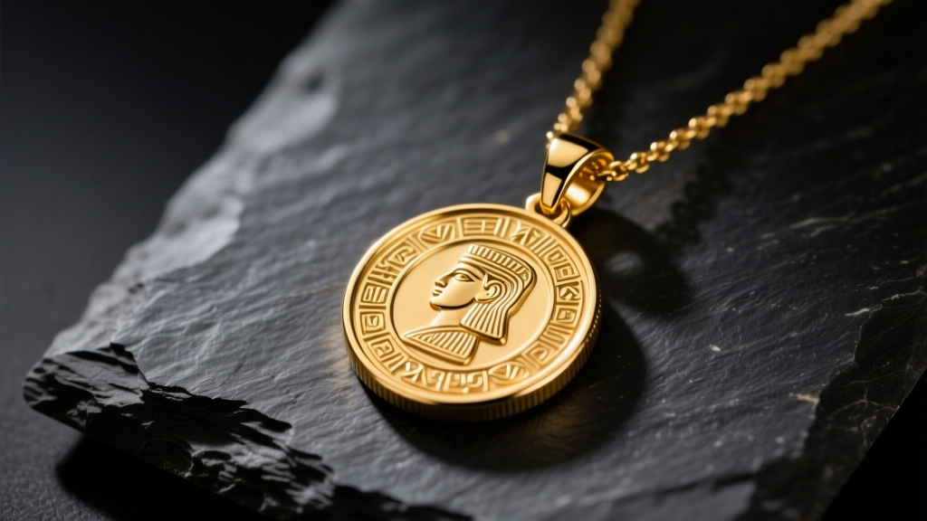 Macro shot of an 18k yellow gold coin pendant necklace on dark slate, illuminated by warm, directional studio lighting.