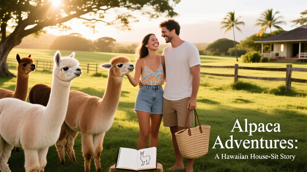 Silvi and Lucas smiling beside several gentle alpacas on a sun-dappled ranch