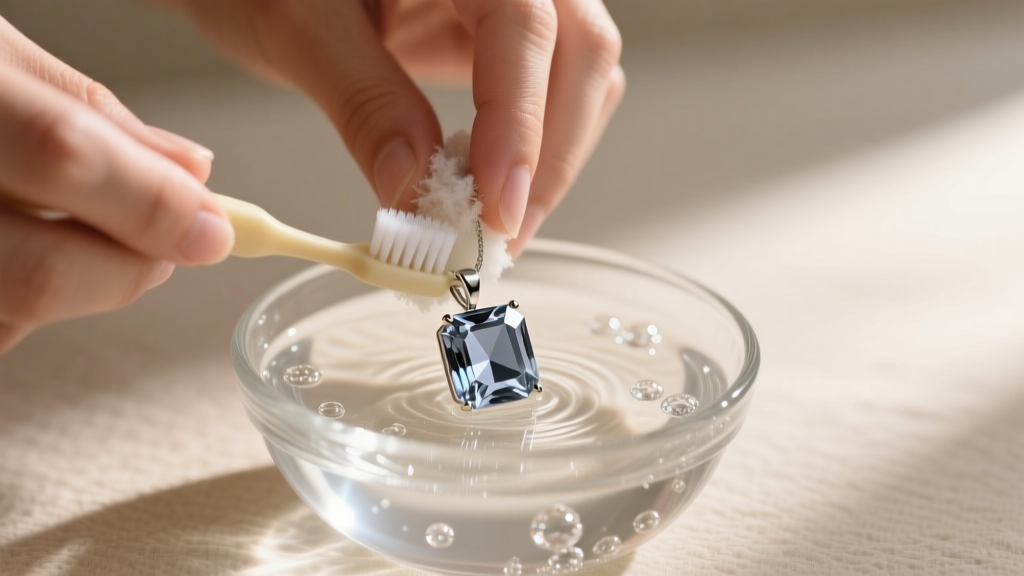 Hands gently scrubbing a lake gray CZ pendant with an extra-soft baby toothbrush in a small glass bowl of soapy lukewarm water