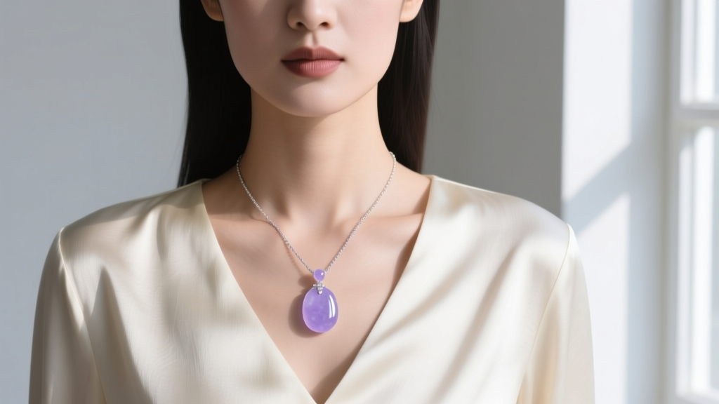 Woman wearing a delicate lavender jadeite pendant necklace against a cream silk blouse, showing proper length and color contrast
