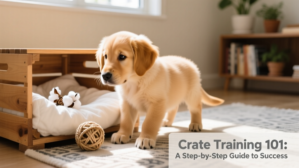 A calm, relaxed puppy exploring an open crate filled with soft bedding and a chew toy