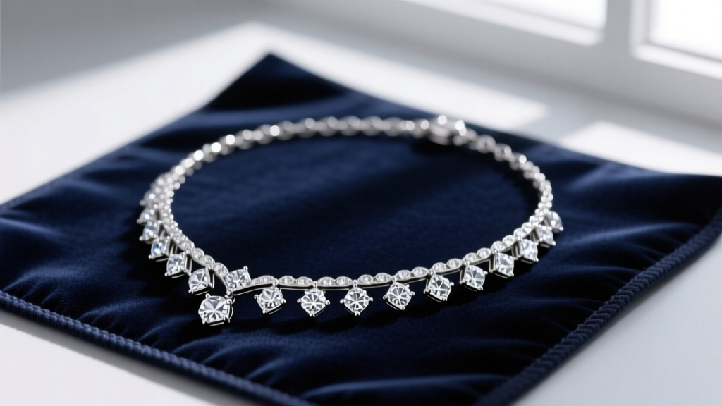 Close-up of a Judith Ripka 925 sterling silver necklace with cubic zirconia charms resting on a dark velvet jewelry cleaning mat