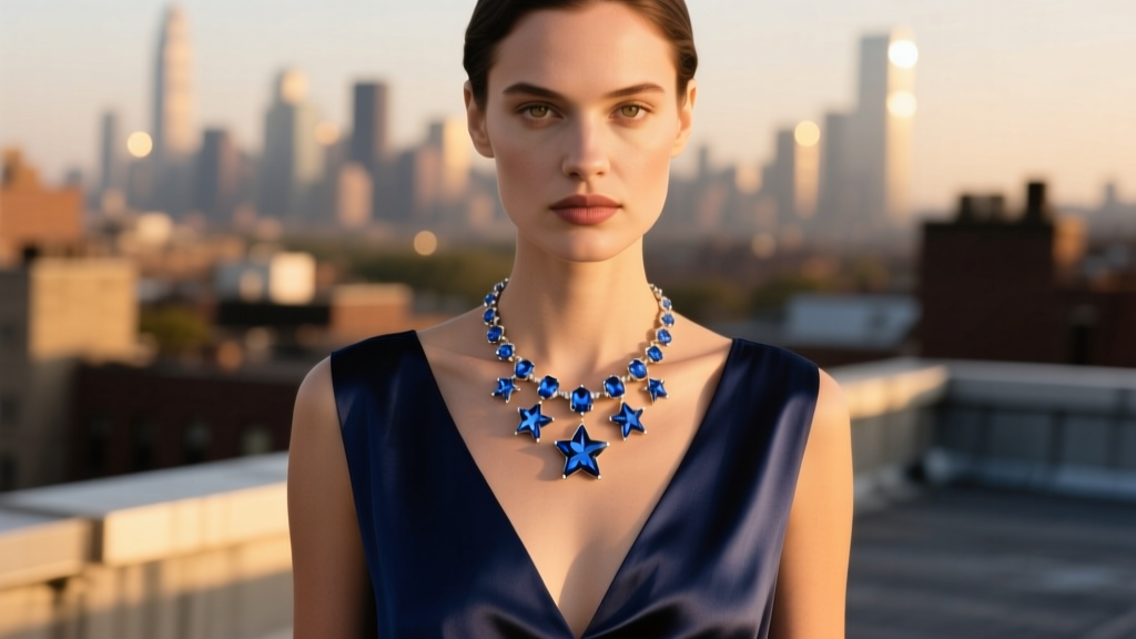 Model wearing a layered blue sapphire star necklace over a deep V-neck silk top, illuminated by soft warm evening ambient light.