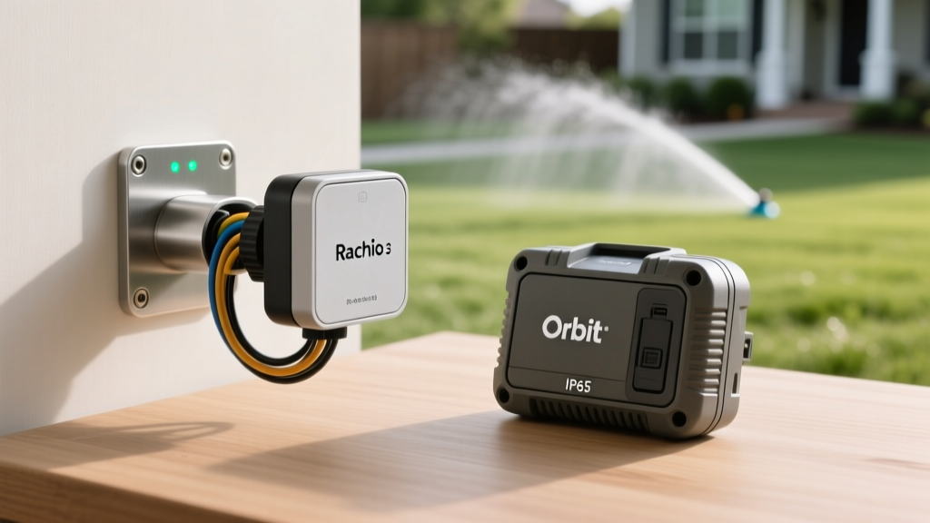 Comparison of the Rachio 3 indoor mounting bracket versus the Orbit B-hyve integrated outdoor weatherproof casing