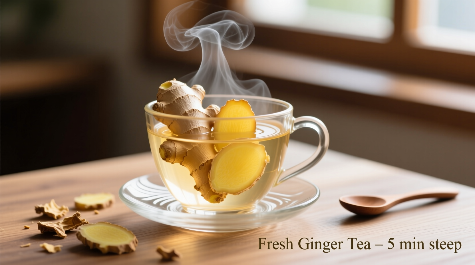 Ginger root slices steeping in hot water for tea
