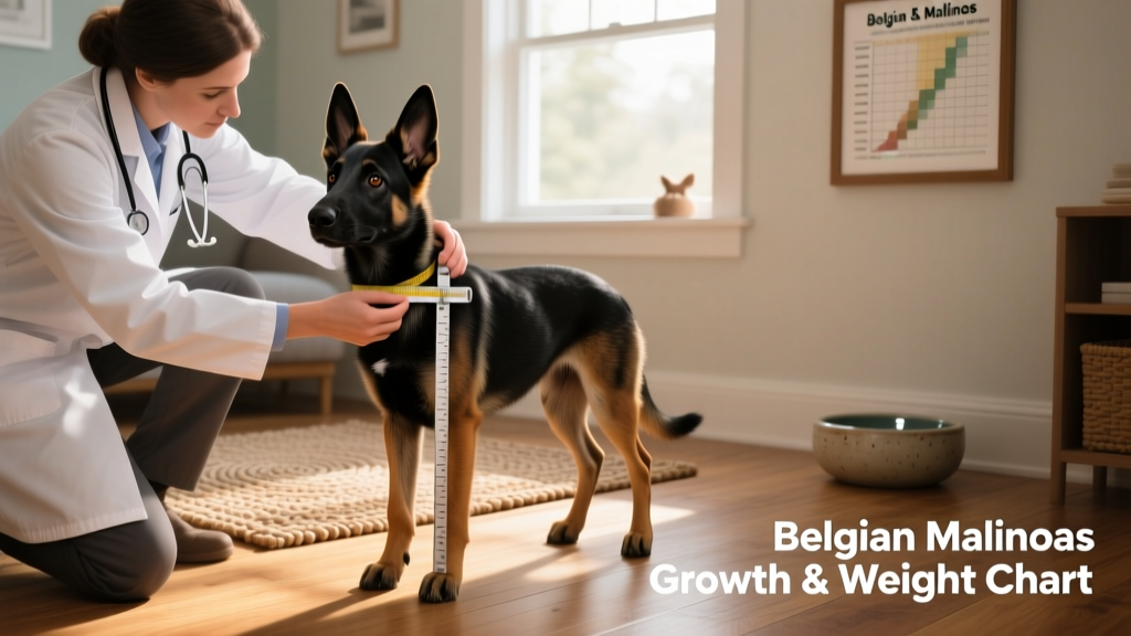 Veterinarian gently measuring a young Belgian Malinois’s shoulder height with a wicket