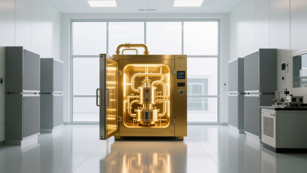 Glowing gold dilution refrigerator inside a modern quantum computing lab surrounded by vibration-dampening cleanroom panels