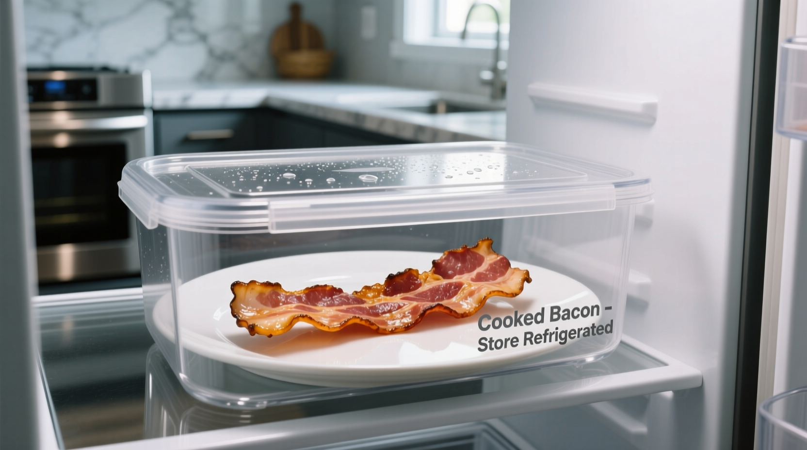 Cooked bacon stored properly in airtight container in refrigerator