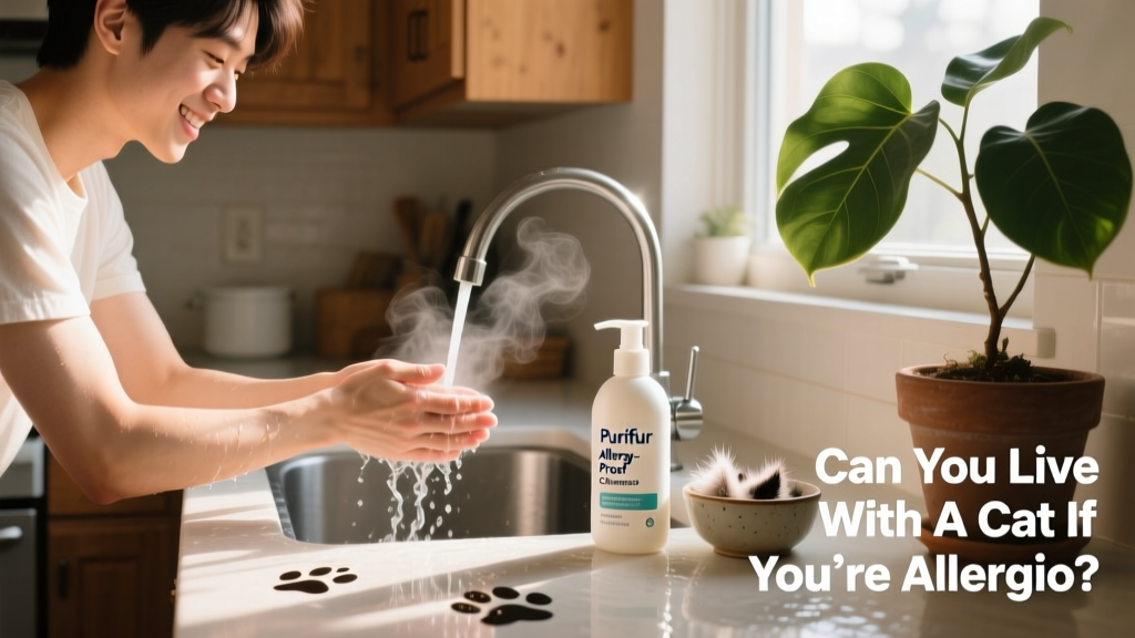 A person washing their hands after playing with a cat, with a bottle of hypoallergenic pet shampoo visible on the counter