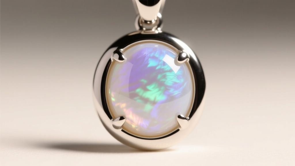 Close-up of a bezel-set cabochon moonstone pendant in platinum, showing the smooth metal rim protecting the fragile stone edge.