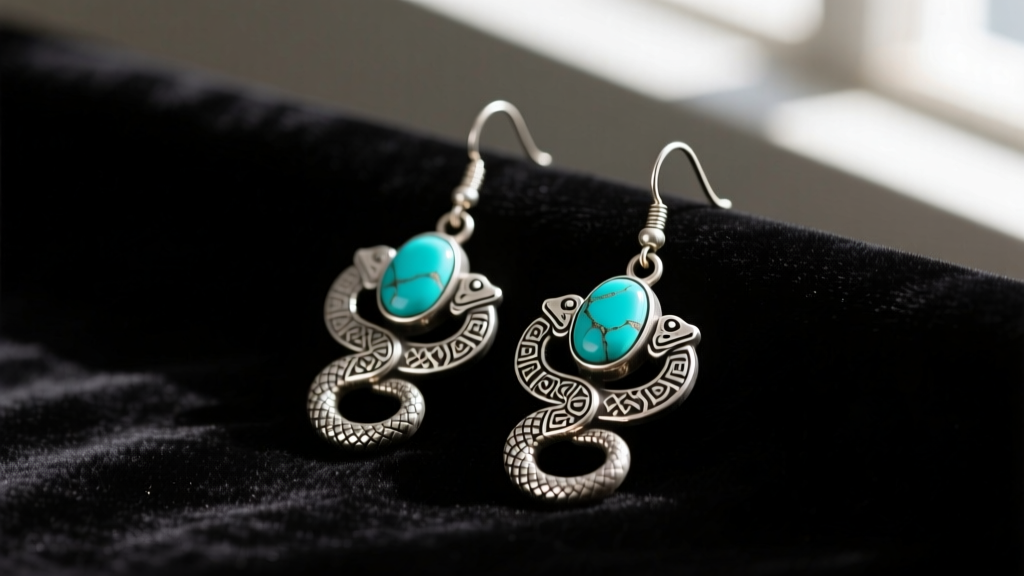 Heavy vintage Mexican silver drop earrings with Aztec serpent motifs and polished turquoise cabochons resting on dark velvet.