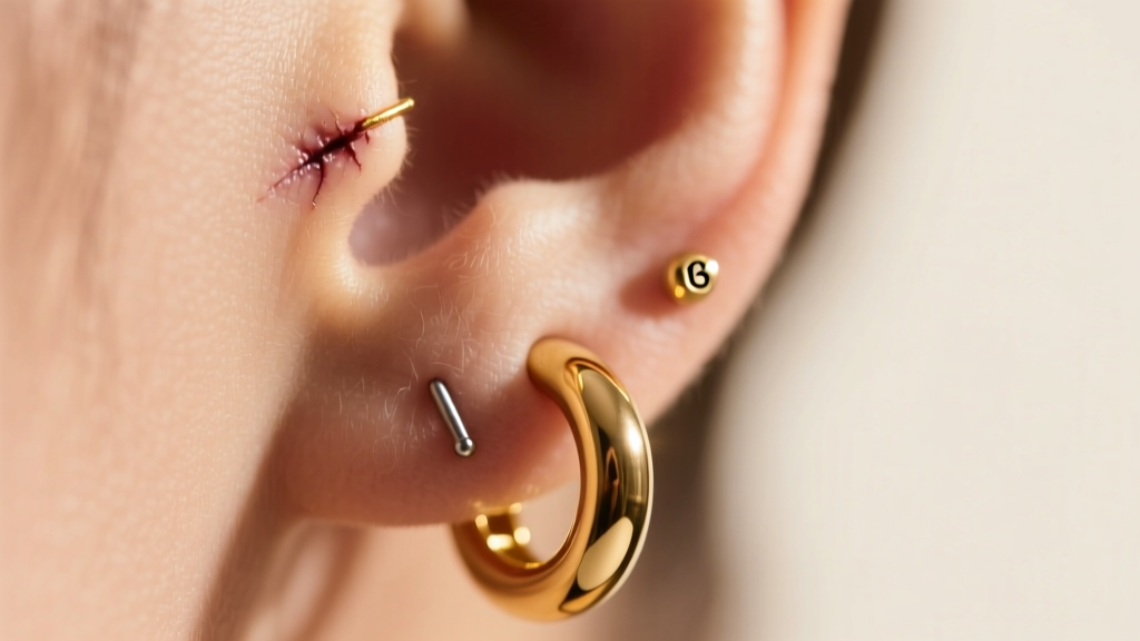 Macro shot of a healed tragus piercing with a 16-gauge solid 14k gold seamless hoop earring, soft studio lighting, sharp focus.