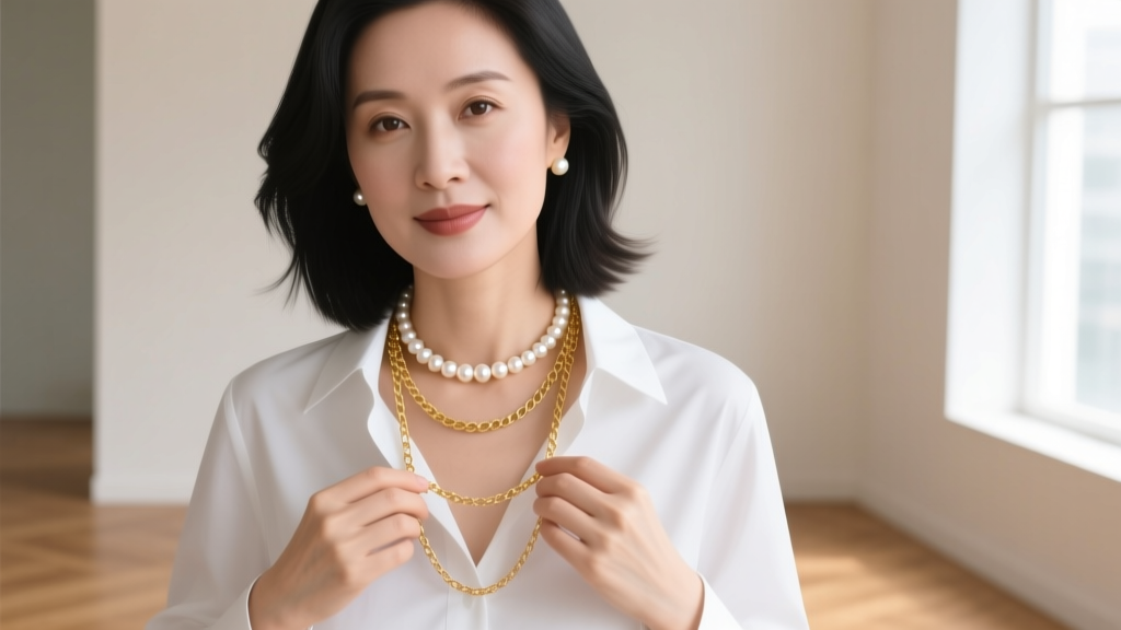 Woman layering a 14-inch pearl choker and an 18-inch gold chain over a white button-down shirt in bright natural window light.