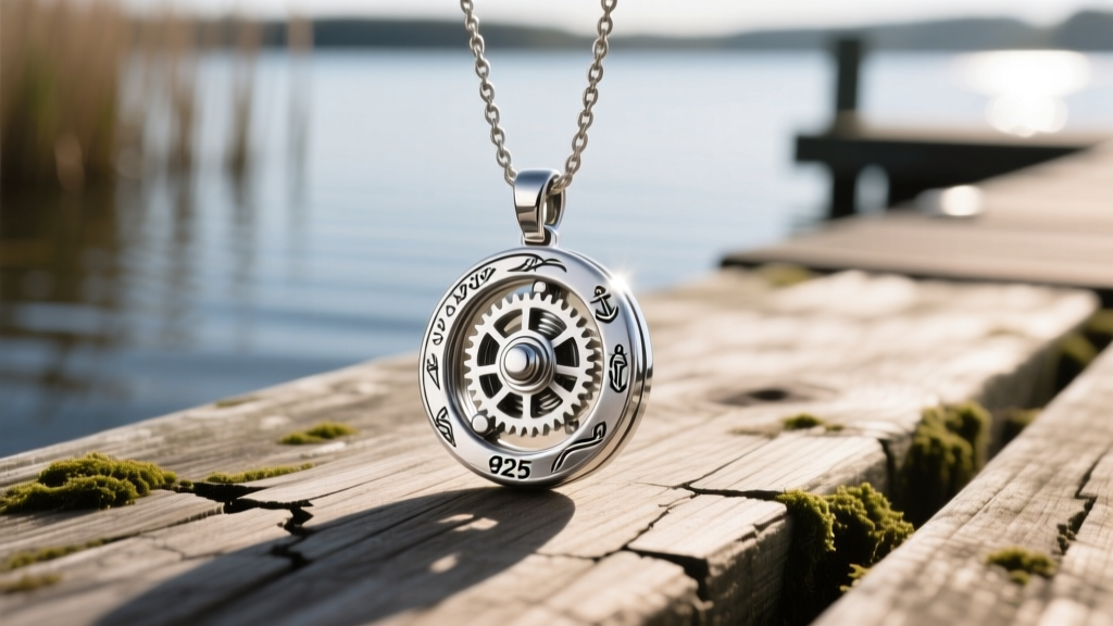 Close-up of a highly detailed 925 sterling silver fishing reel pendant resting on a weathered wooden dock, soft morning light