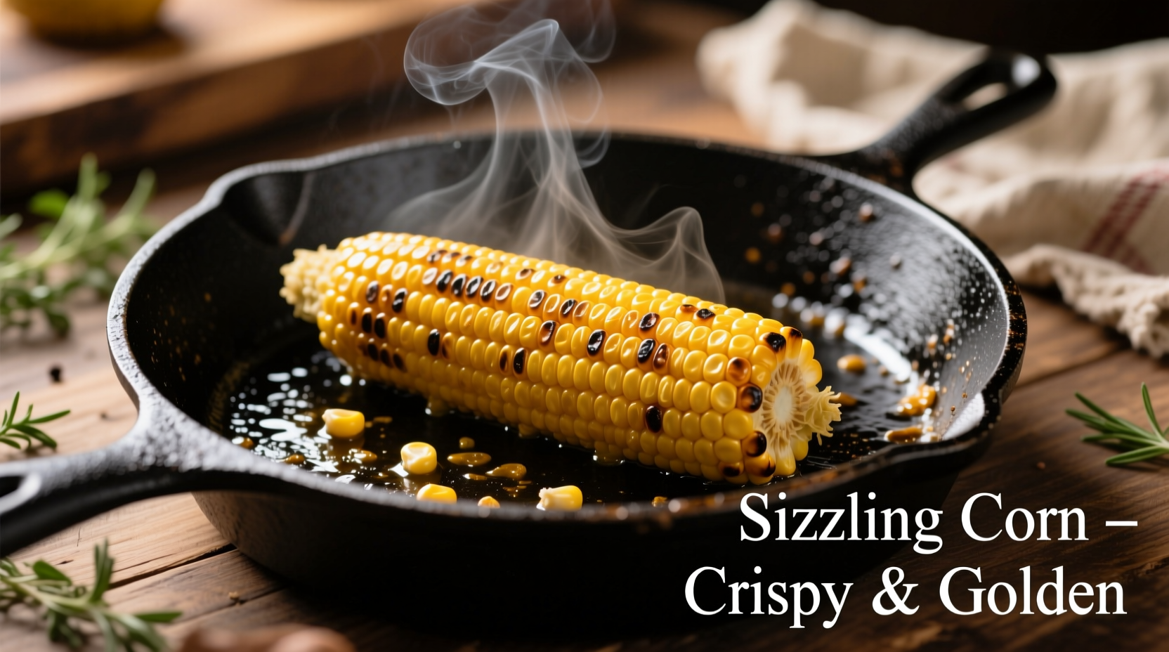 Golden fried corn sizzling in cast iron skillet