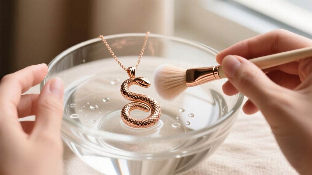 Hands gently cleaning an 18k rose gold Bvlgari Serpenti pendant with a soft brush and mild soapy water in a clear glass bowl