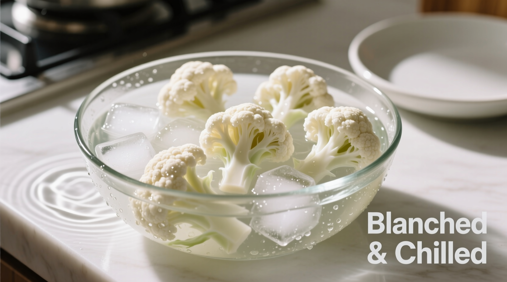 Fresh cauliflower florets in ice water bath after blanching