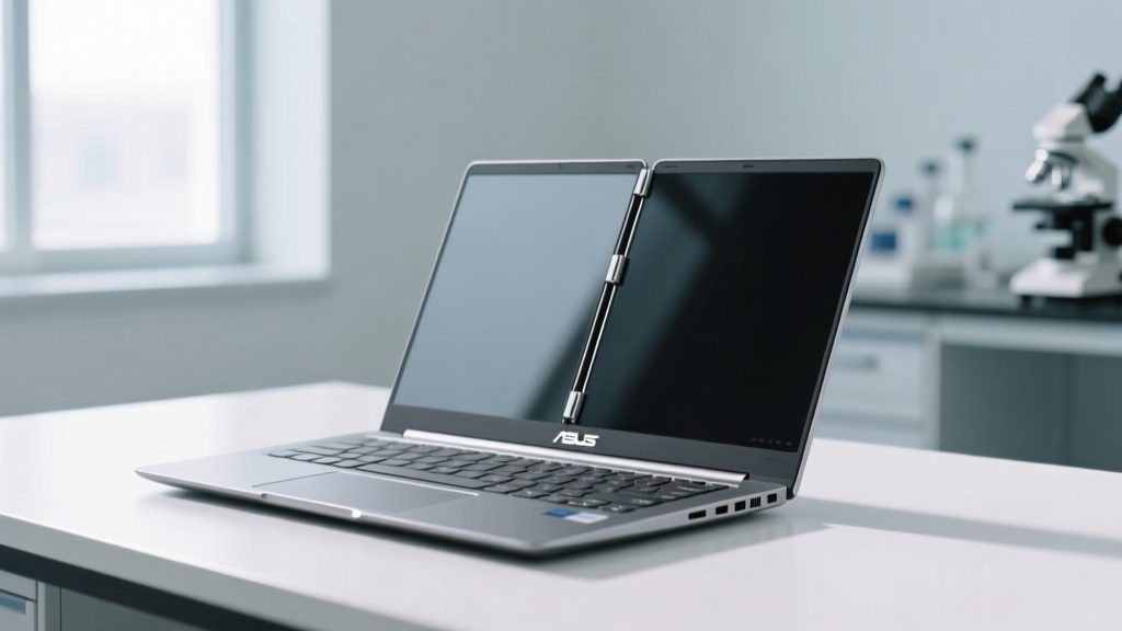 ASUS Zenbook Duo dual-screen laptop on a sterile testing desk, highlighting its ultra-thin profile and complex hinge.