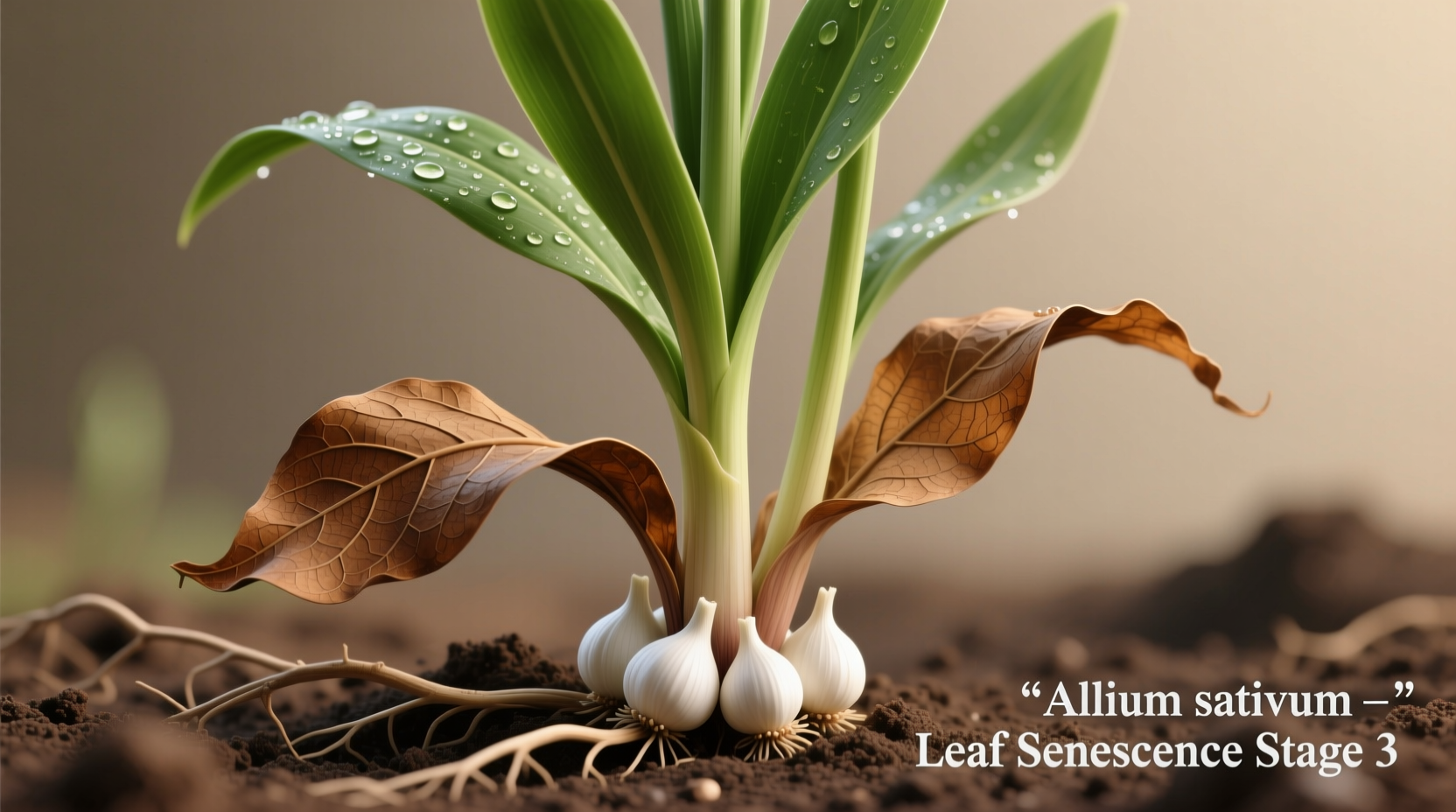 Garlic plant showing brown lower leaves with green upper leaves