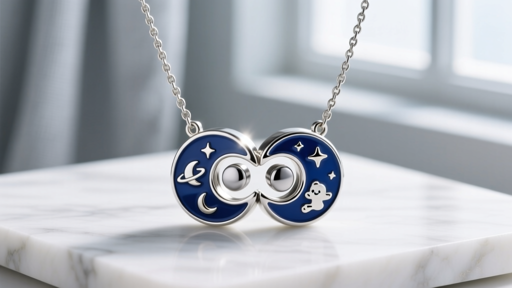 Two interlocking magnetic Stitch and Angel necklace halves separated slightly to reveal the embedded neodymium magnets inside