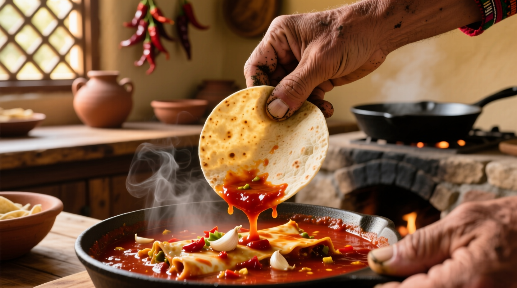 Hands dipping corn tortilla in enchilada sauce