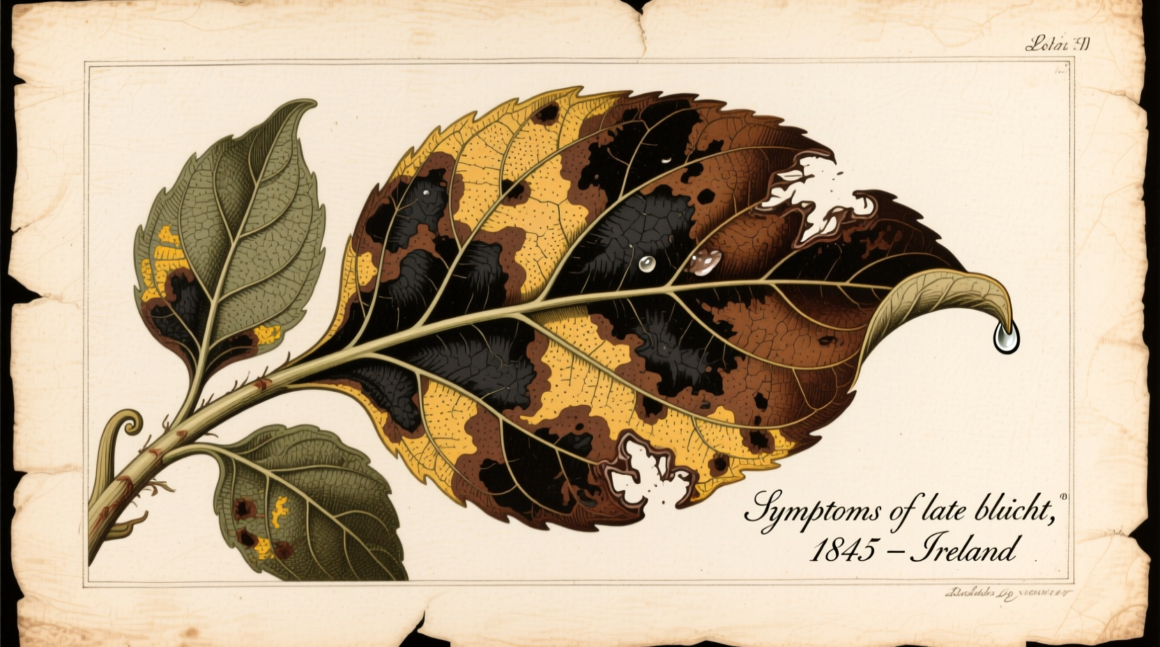 Historical illustration of potato blight symptoms on leaves