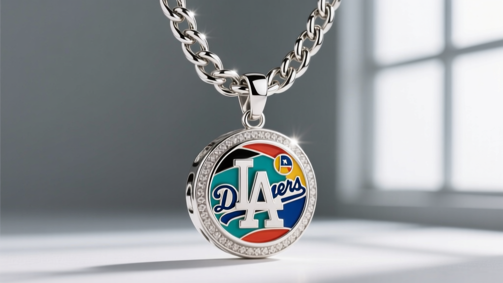 Close-up of a rhodium-plated sterling silver Yamamoto Dodgers pendant with enamel details on a heavy Cuban link chain