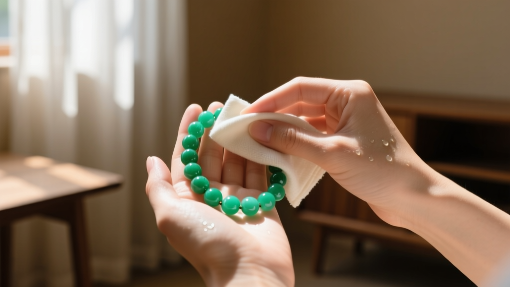 Hands wiping a chrysoprase bead necklace with a damp cloth in a shaded room, protecting the green stones from direct sunlight