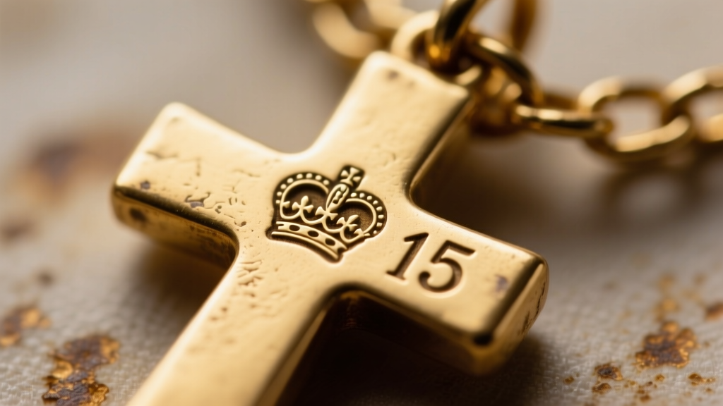 Macro photography of a tiny stamped hallmark on an antique 15k gold cross pendant clasp, showing a faded crown and 15 mark clearly.