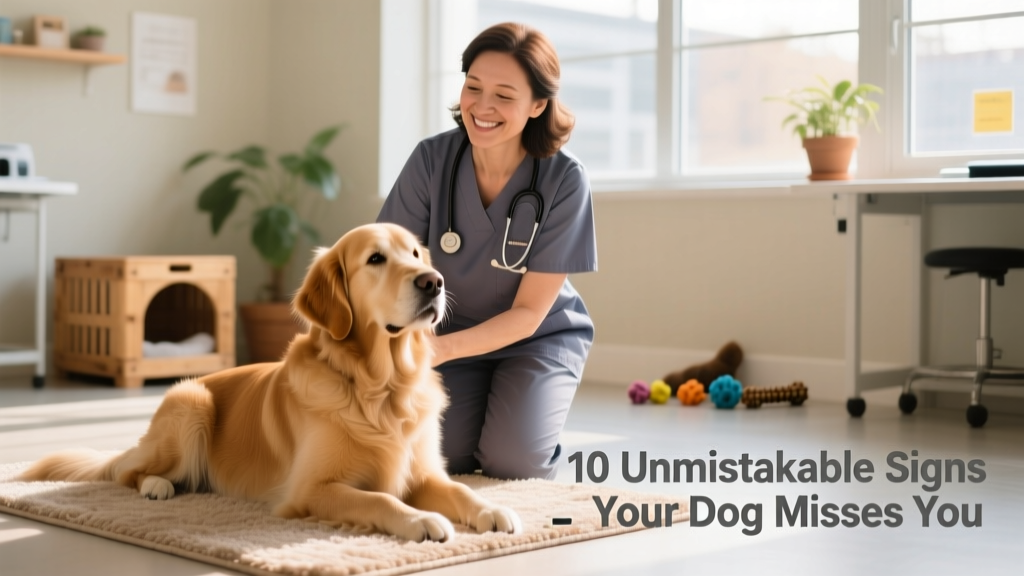A veterinary professional smiling warmly beside a relaxed, seated dog