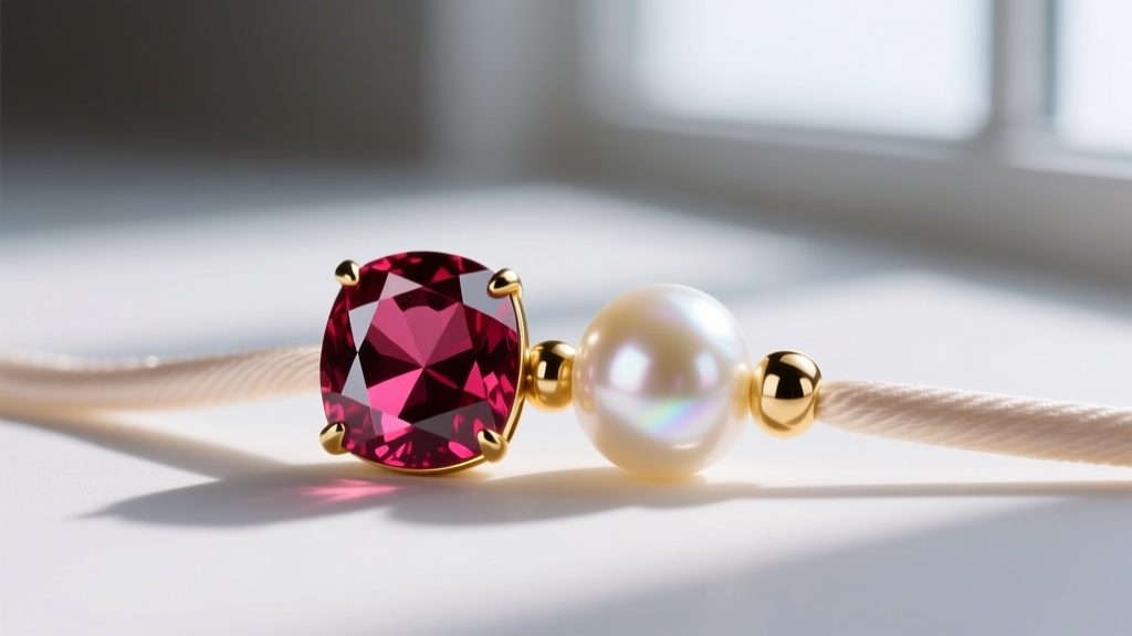 Macro shot of bezel-set pyrope garnet separated from a lustrous freshwater pearl by a small 14k gold spacer bead on a silk cord